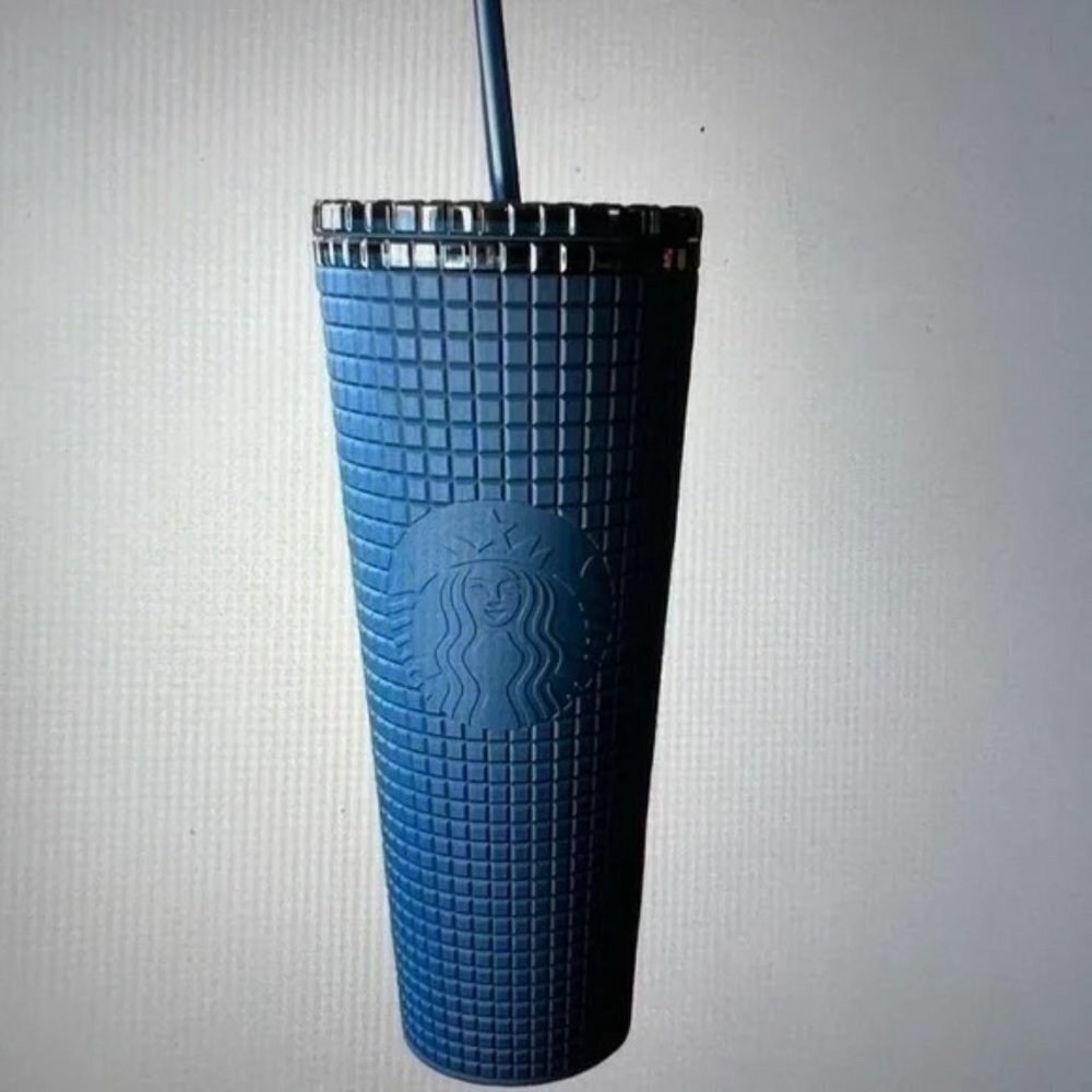 Starbucks 2023 Spring Prussian Blue Soft Touch Grid Venti Tumbler‎ with Straw 24